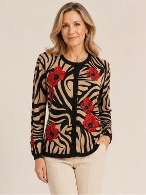 THE COLLECTIVE WORKS OF BEREK L Button Cardigan Brown Zebra Print Flower Sweater